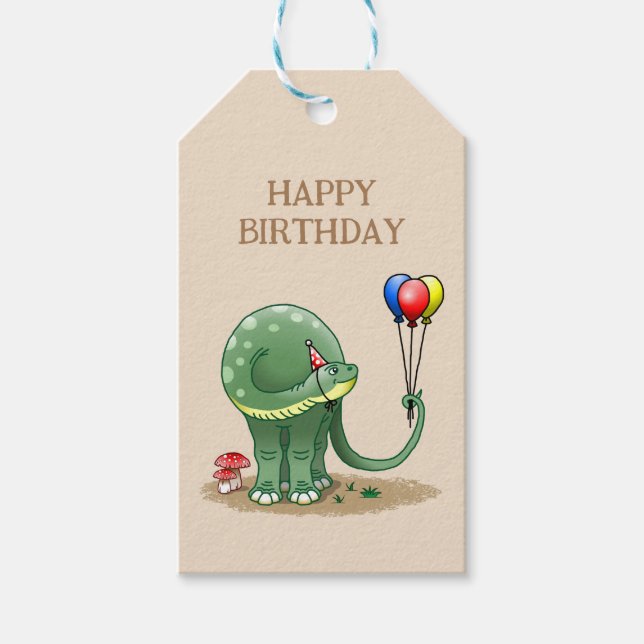 Dinosaur holding Balloons Birthday Gift Tags (Front)