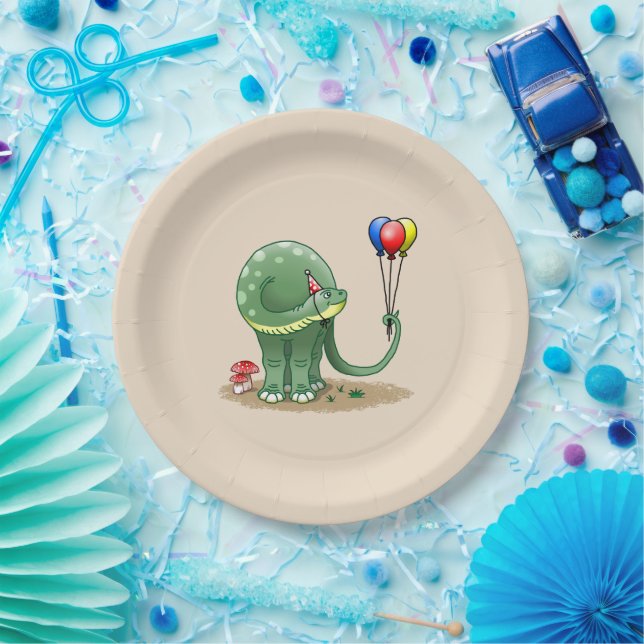 Dinosaur holding Balloons Birthday Paper Plate (Party)