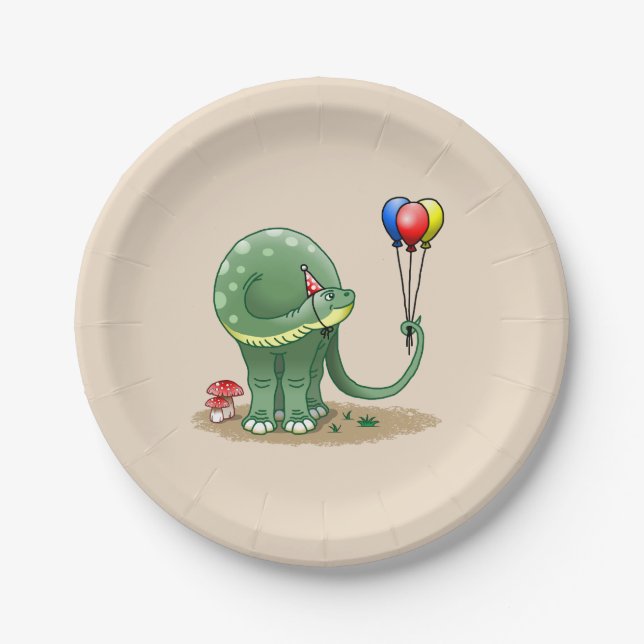 Dinosaur holding Balloons Birthday Paper Plate (Front)