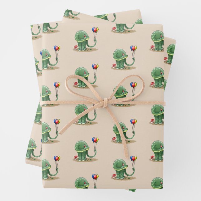 Dinosaur holding Balloons Birthday Wrapping Paper Sheet (In situ)