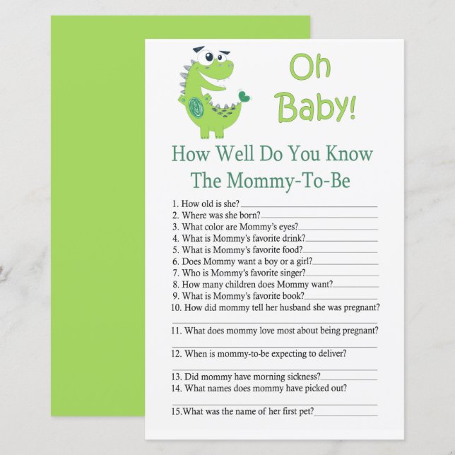 Dinosaur How well do you know baby shower game (Front/Back)