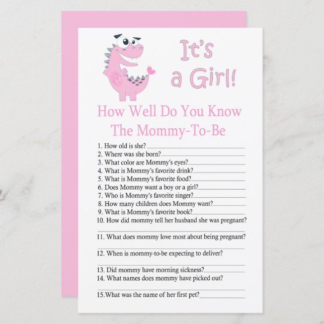 Dinosaur How well do you know baby shower game (Front/Back)