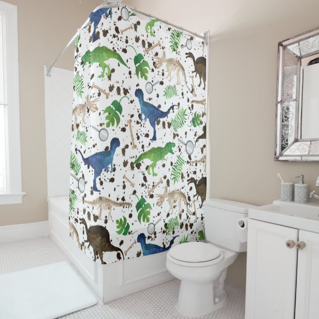 Dinosaur Hunt! Dinosaurs on Safari Boys Kids Shower Curtain (In Situ)
