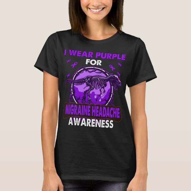 Dinosaur I Wear Purple For MIGRAINE HEADACHE  T-Shirt (Front)