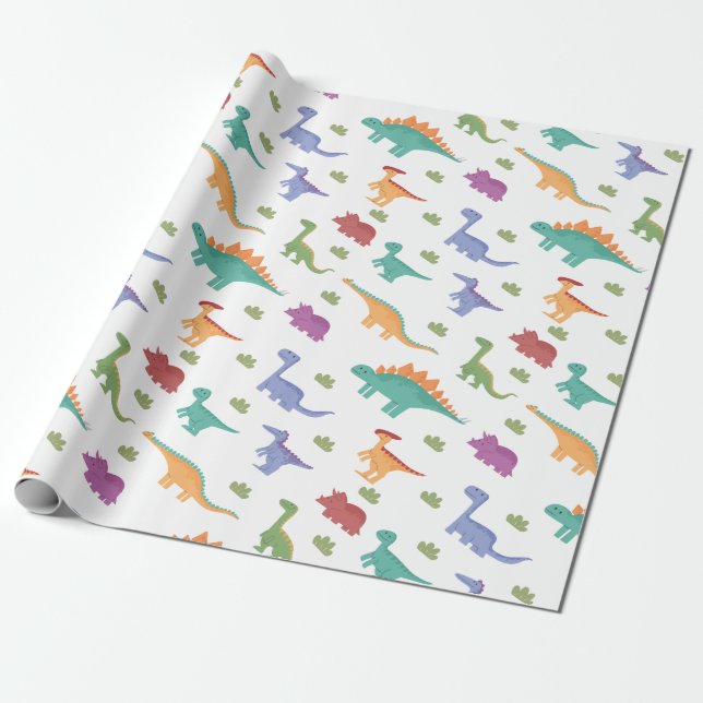 Dinosaur Illustration Pattern Christmas Birthday Wrapping Paper (Unrolled)