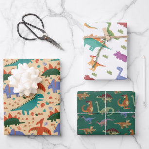Dinosaur Illustration Pattern Kids Birthday Wrapping Paper Sheet