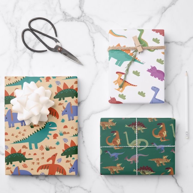 Dinosaur Illustration Pattern Kids Birthday Wrapping Paper Sheet (Front)