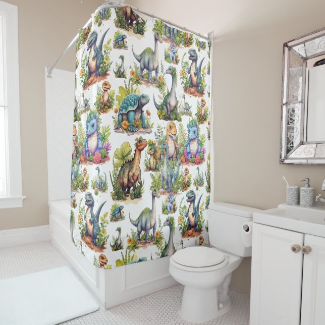 Dinosaur Illustration Shower Curtain (In Situ)