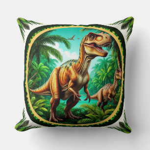 Dinosaur in a Lush Prehistoric Jungle Cushion