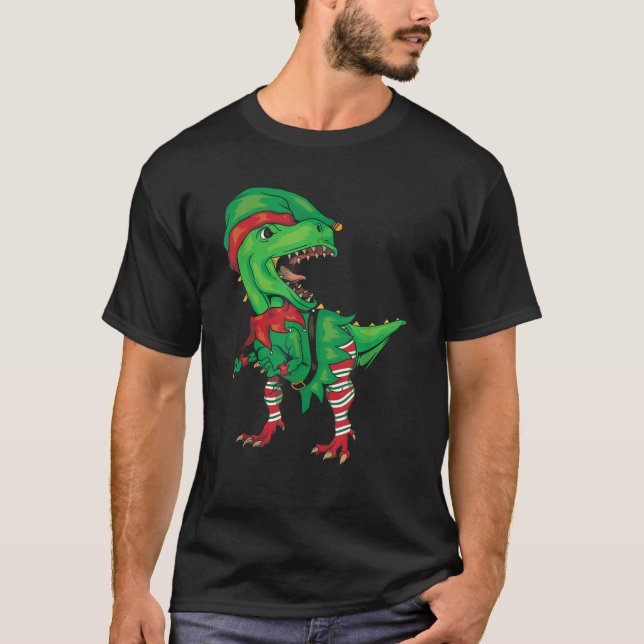 Dinosaur In Elf Costume Christmas Gnome T Rex Gift T-Shirt (Front)