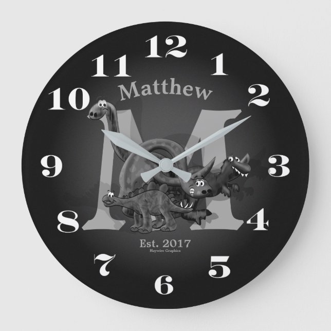 Dinosaur Initial and Date Large Clock (Front)