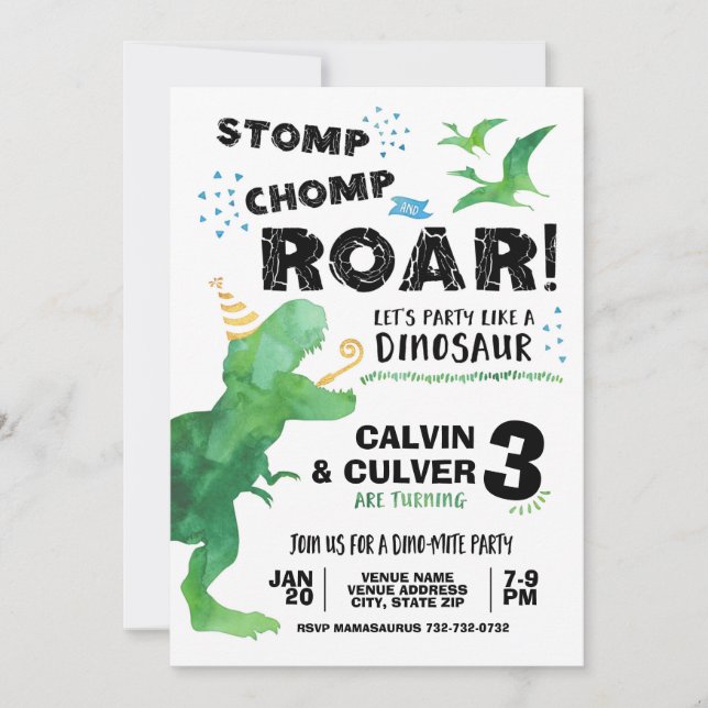 Dinosaur Invitation for Twin Birthday (Front)