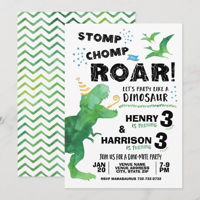 Dinosaur Invitation for Two Birthdays (Front/Back)