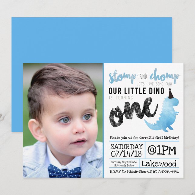 Dinosaur Invitation Stomp and Chomp First Birthday (Front/Back)