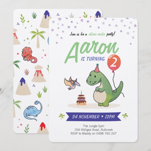 Dinosaur Invitations, Boys birthday invitations (Front/Back)
