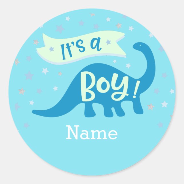Dinosaur It’s A Boy Baby Shower Sticker (Front)