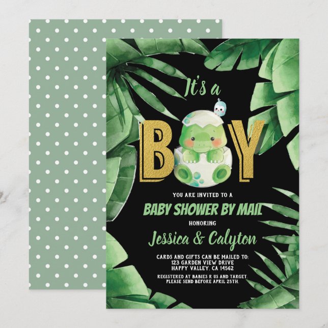 Dinosaur It's a Boy Baby Shower By Mail Invitation (Front/Back)