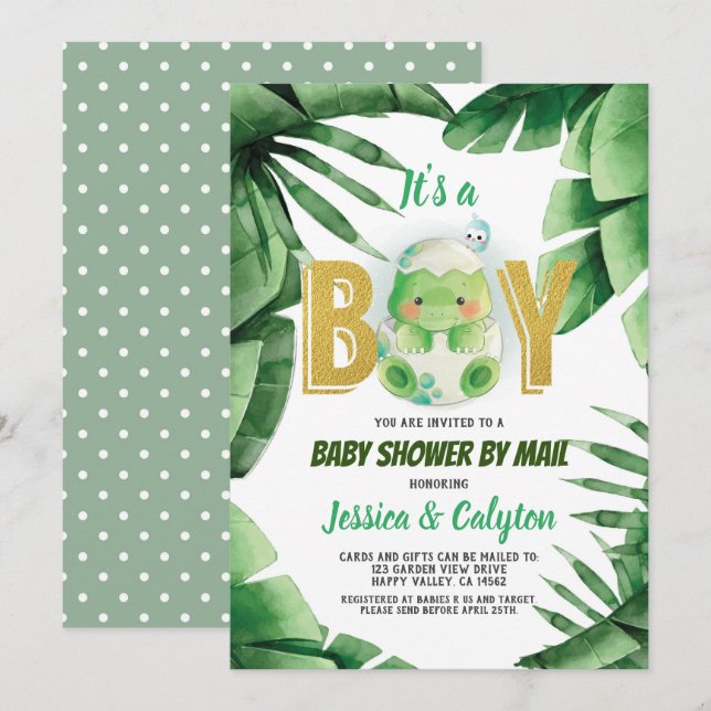 Dinosaur It's a Boy Baby Shower By Mail Invitation (Front/Back)