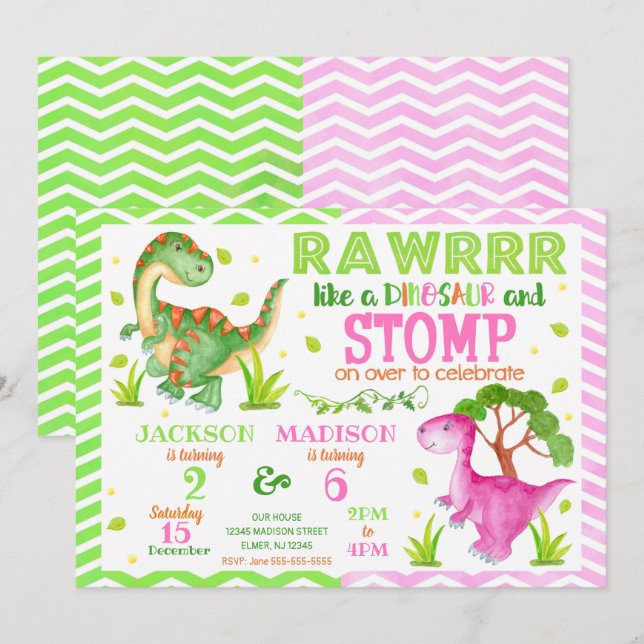 Dinosaur Joint Birthday Invitation for Boy & Girl (Front/Back)