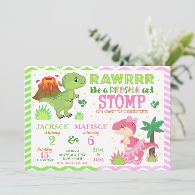 Dinosaur Joint Birthday Invitation for Boy & Girl (Standing Front)