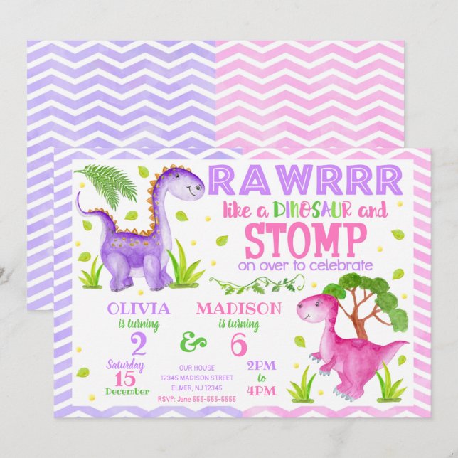 Dinosaur Joint Birthday Invitation for Girls (Front/Back)