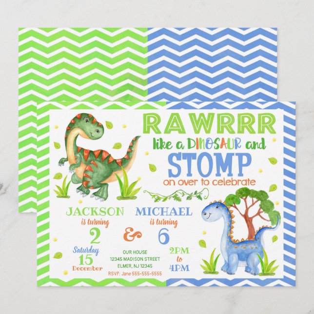 Dinosaur Joint Birthday Invitation for Siblings (Front/Back)