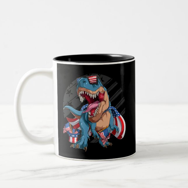 Dinosaur July 4th American Superhero T-Shirt Two-Tone Coffee Mug (Left)