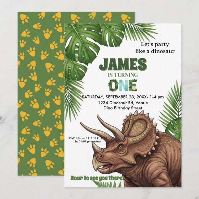 Dinosaur Jungle 1st Birthday Invitation  (Front/Back)