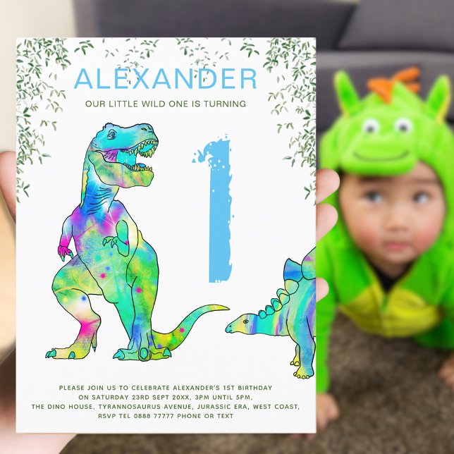 Dinosaur jungle 1st Birthday Party Budget blue Invitation Postcard (Wild one dinosaur jungle colorful T-Rex and stegosaur 1st birthday party budget postcard invitation )