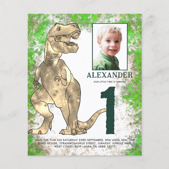 Dinosaur Jungle 1st Birthday Party Photo Budget Flyer (Front)