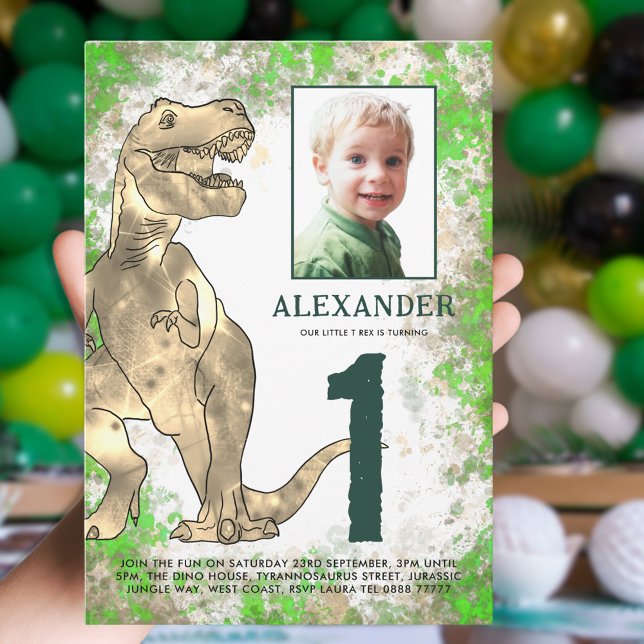 Dinosaur Jungle 1st Birthday Party Photo Invitation (Dinosaur T-Rex boys photo 1st birthday party invitation green and brown watercolor)