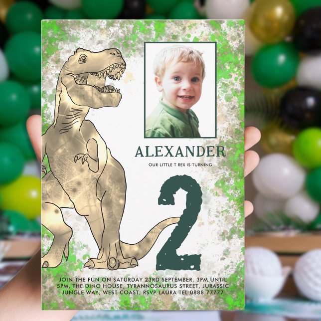 Dinosaur Jungle 2nd Birthday Party Photo Invitation (T-Rex dinosaur photo 2nd birthday party invitation green brown watercolor splash)