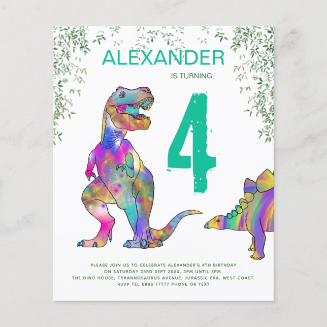 Dinosaur Jungle 4 Birthday Party Budget Invitation Flyer (Front)