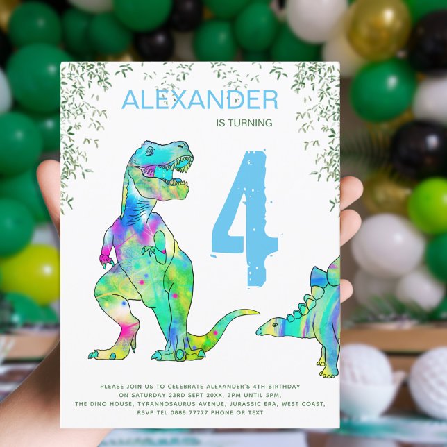 Dinosaur jungle 4th Birthday Party blue budget Invitation Postcard (Dinosaur colorful T-Rex and stegosaurus jungle 4th birthday party budget invitation postcard )