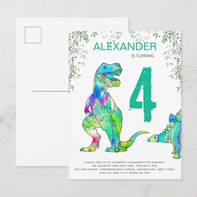 Dinosaur jungle 4th Birthday Party budget Invitation Postcard (Front/Back)