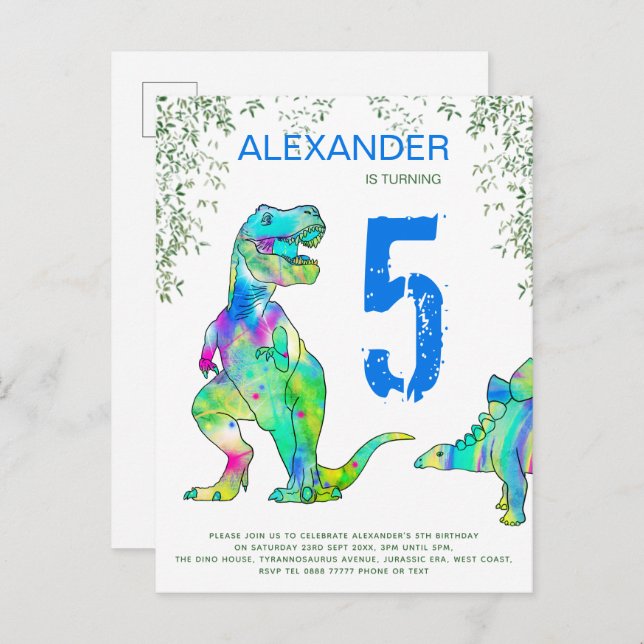 Dinosaur  jungle 5th Birthday Party budget blue In Invitation Postcard (Front/Back)