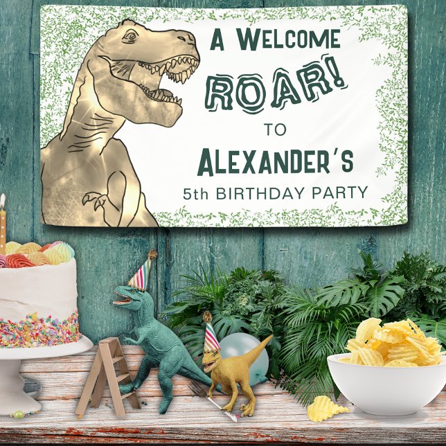 Dinosaur Jungle 5th Birthday Party Welcome Banner (A Hapy Birthday T-Rex Roar Dinosaur jungle custom 5th birthday party banner)