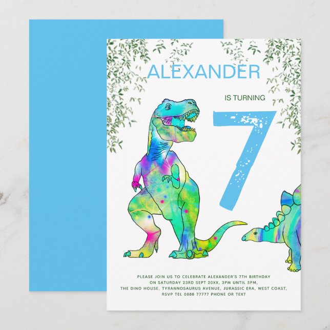 Dinosaur jungle Birthday Party blue Invitation (Front/Back)