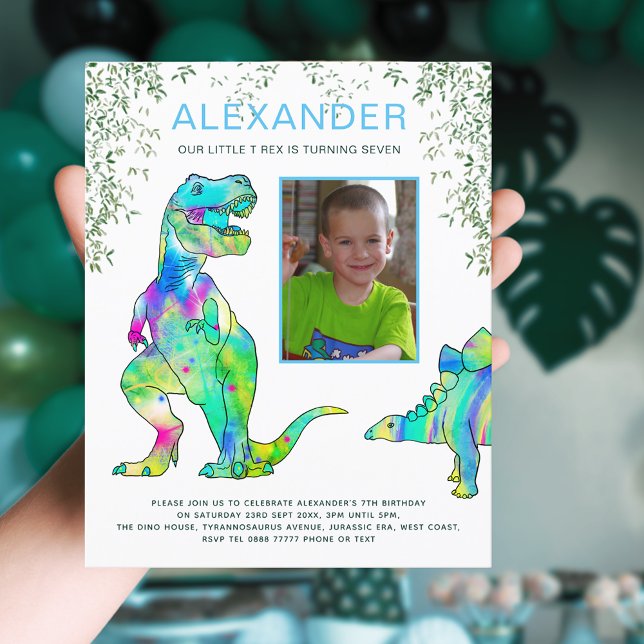 Dinosaur Jungle Roar Birthday Party Photo Budget (Dinosaur jungle 7th birthday party with photo template colorful dino T-Rex & stegosaurus blue green)