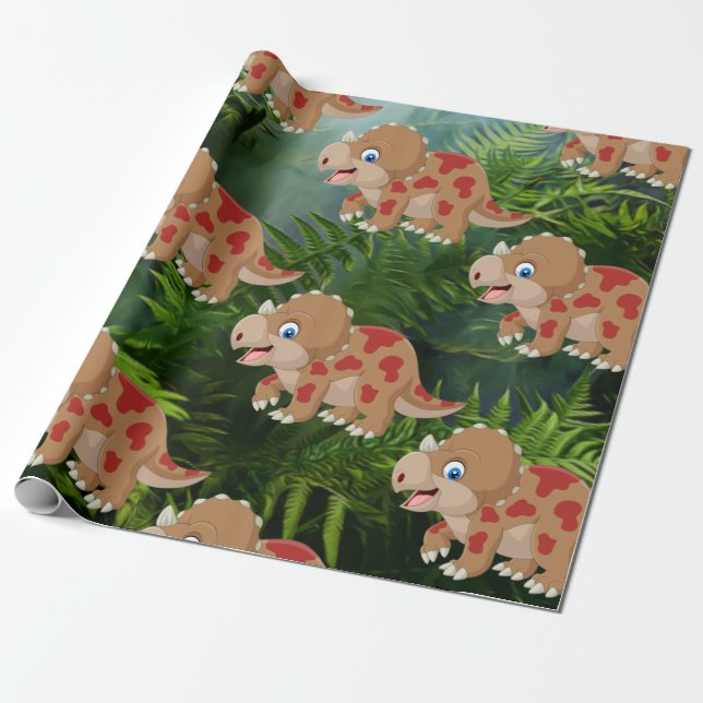 Dinosaur Jungle Triceratops Kids Wrapping Paper (Unrolled)