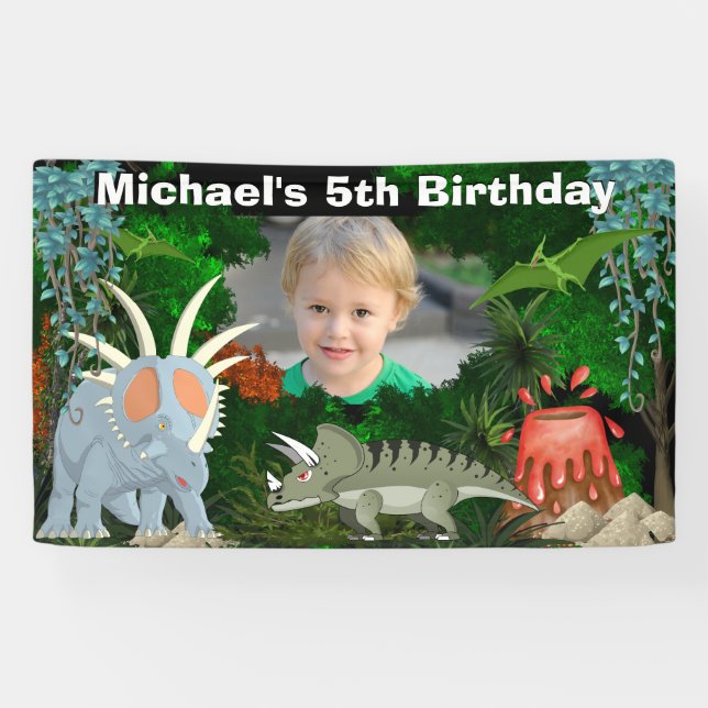 Dinosaur jungle volcano boys birthday photo banner (Horizontal)