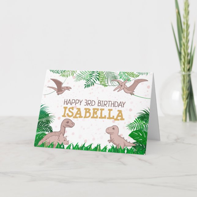 Dinosaur Kid Dino Jurassic Trex Pink Girl Birthday Card (Front)
