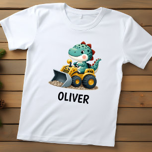 Dinosaur Kid on Yellow Construction Vehicle Baby T-Shirt