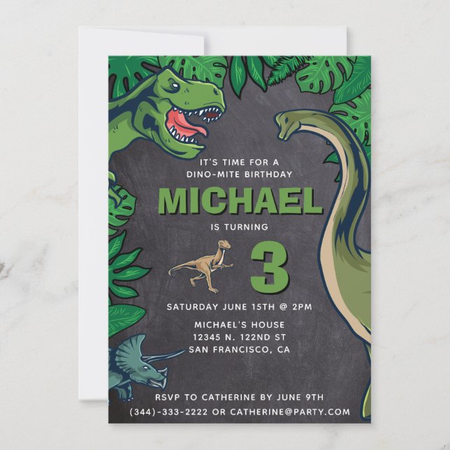 Dinosaur Kids Birthday Dino Trex Chalkboard Boy Invitation (Front)