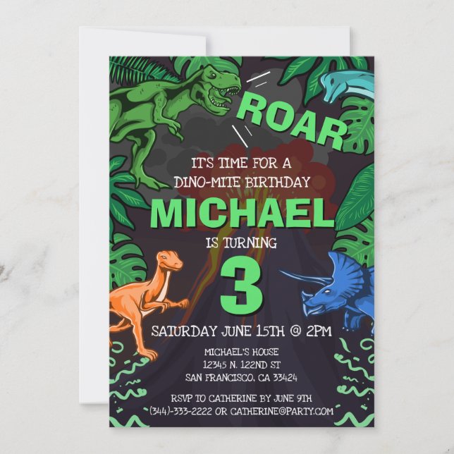 Dinosaur Kids Birthday Dino Trex Volcano Invitation (Front)