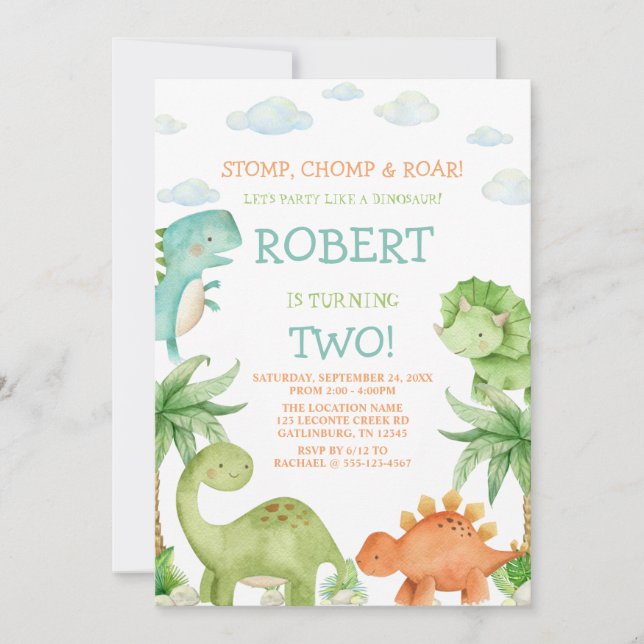 Dinosaur kids birthday invitation (Front)