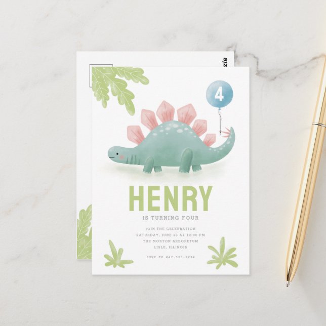 Dinosaur Kid's Birthday Invitation Postcard (Front/Back In Situ)