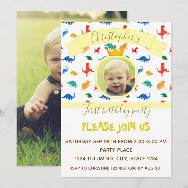Dinosaur kids birthday party baby boy photo yellow invitation (Front/Back)