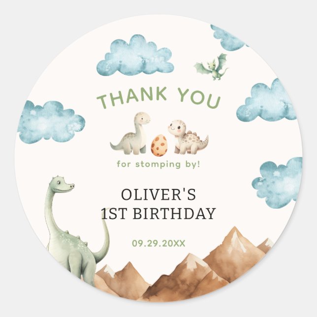 Dinosaur Kids Birthday Thank You Classic Round Sticker (Front)