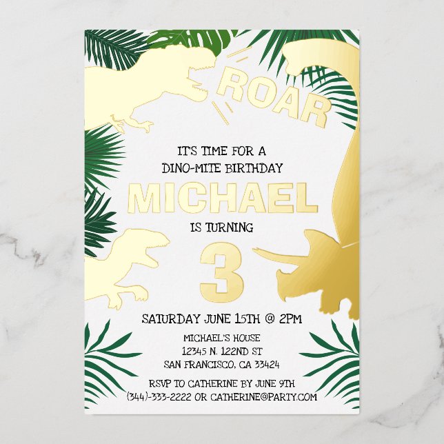 Dinosaur Kids Gold Dinos Trex Birthday (Front)